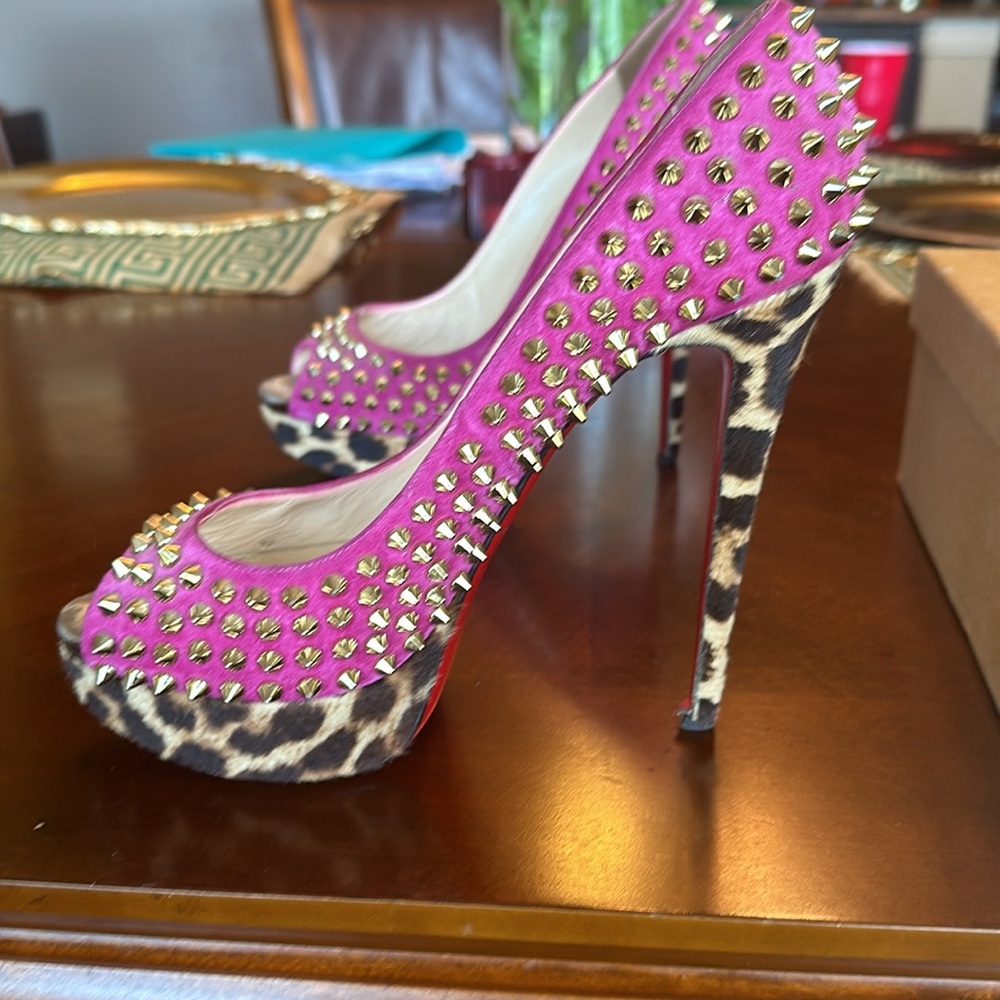 Lady Peep Spikes 150 in Purple Veau Velour (Suede) and Leopard Pony Hair